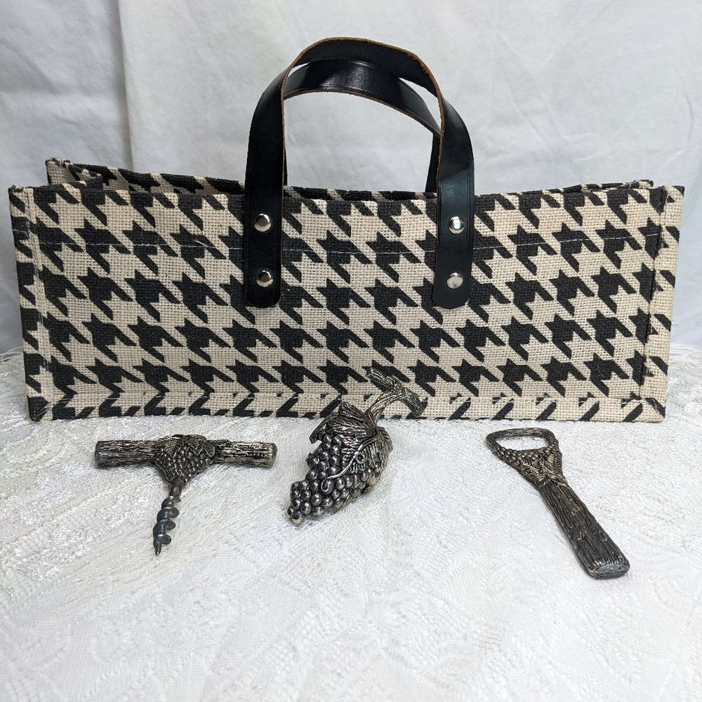 Wine Gift Set, Bottle Gift Bag, Silver-tone Corkscrew,Stopper,Bottle Opener,NWOT